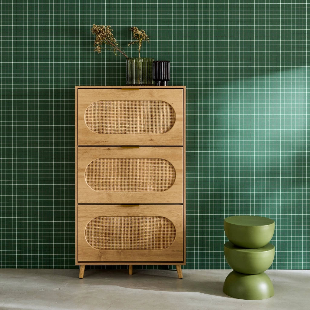 Scarpiera con decoro in legno e canna, 3 ante, marrone naturale