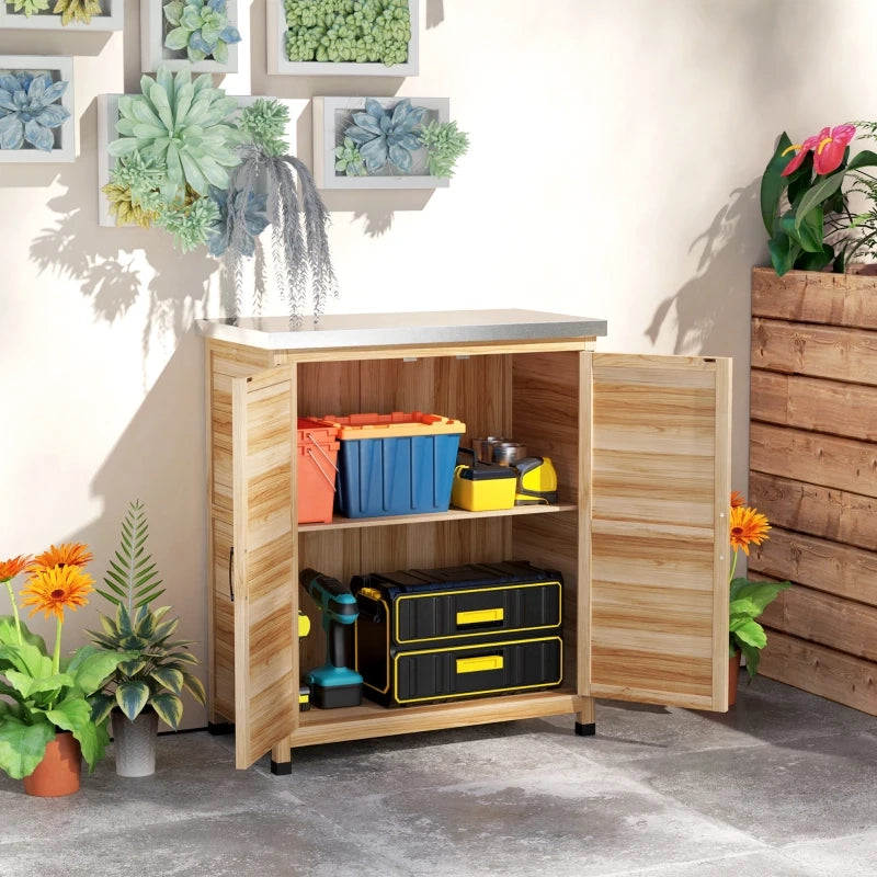 Gartenschrank da esterno in legno di abete con ripiano interno e piano di lavoro zincato, 79x43x92 cm