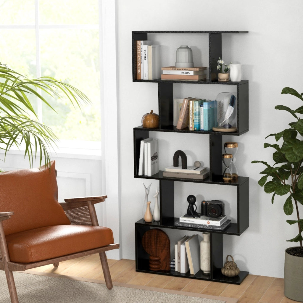 Scaffale a 5 ripiani con dispositivo antiribaltamento-Libreria geometrica a forma di S Nero