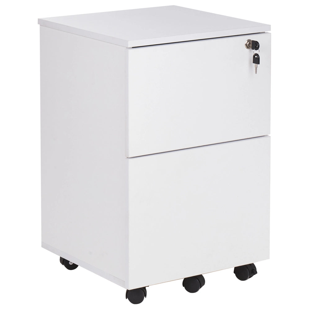 Armadietto per ufficio in legno massiccio con 2 cassetti e ruote con serratura a chiave bianco design moderno
