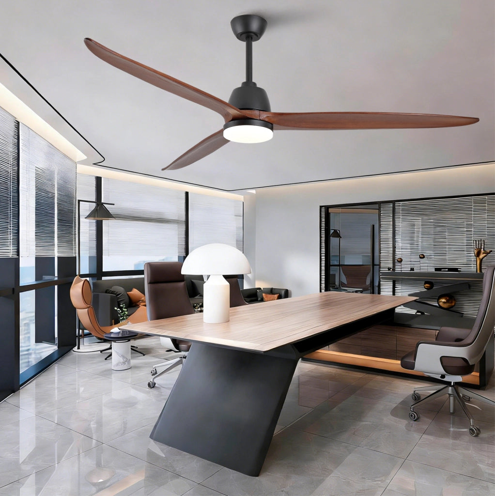 Ventilatore da soffitto moderno da 72 pollici con 3 pale in legno d'acero; luce LED dimmerabile; nero e noce scuro