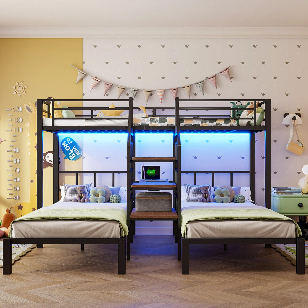 Letto a castello 90x200 cm con LED; scrivania; ripiani e prese USB; metallo e MDF; nero