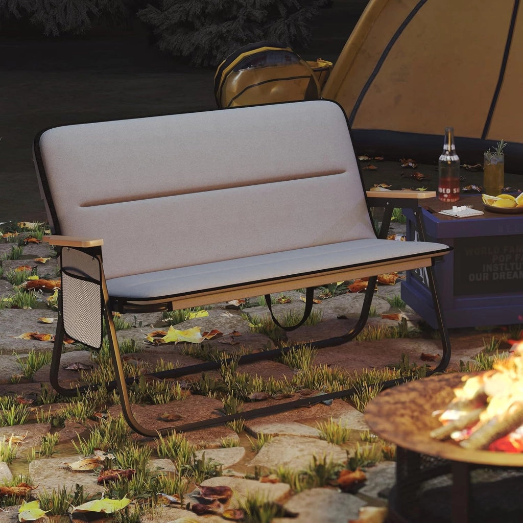 Sedia da Campeggio a 2 Posti, Sedia Pieghevole Imbottita con Tasca Laterale, Schienale Alto e Braccioli, Poltrona da Giardino Portatile con Struttura in Metallo, per Picnic, Pesca, Grigio
