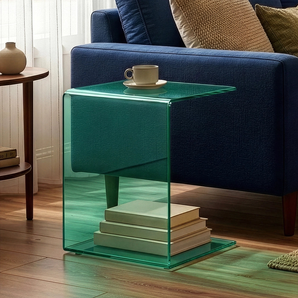 Tavolino Laterale Trölmapilu a Forma di C in Vetro 60 x 40 x 40 cm - Verde [en.casa]