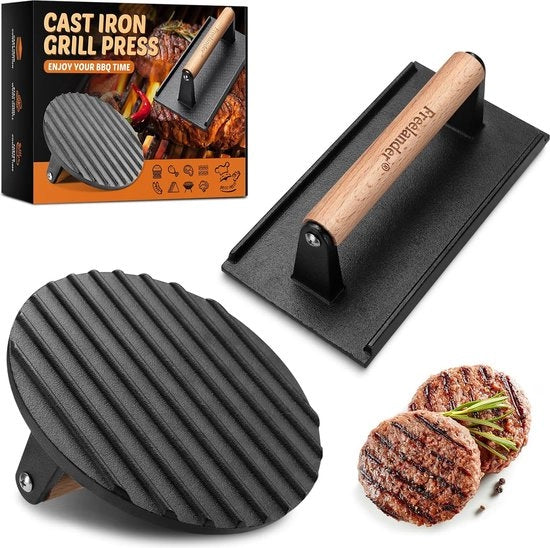 Burgerpers in ghisa con trattamento antiscivolo, con forma rotonda (Ø 17,6 cm) e forma rettangolare (20,5 cm), maniglia di manovella resistente al calore, grande burgerpers per barbecue, steak.