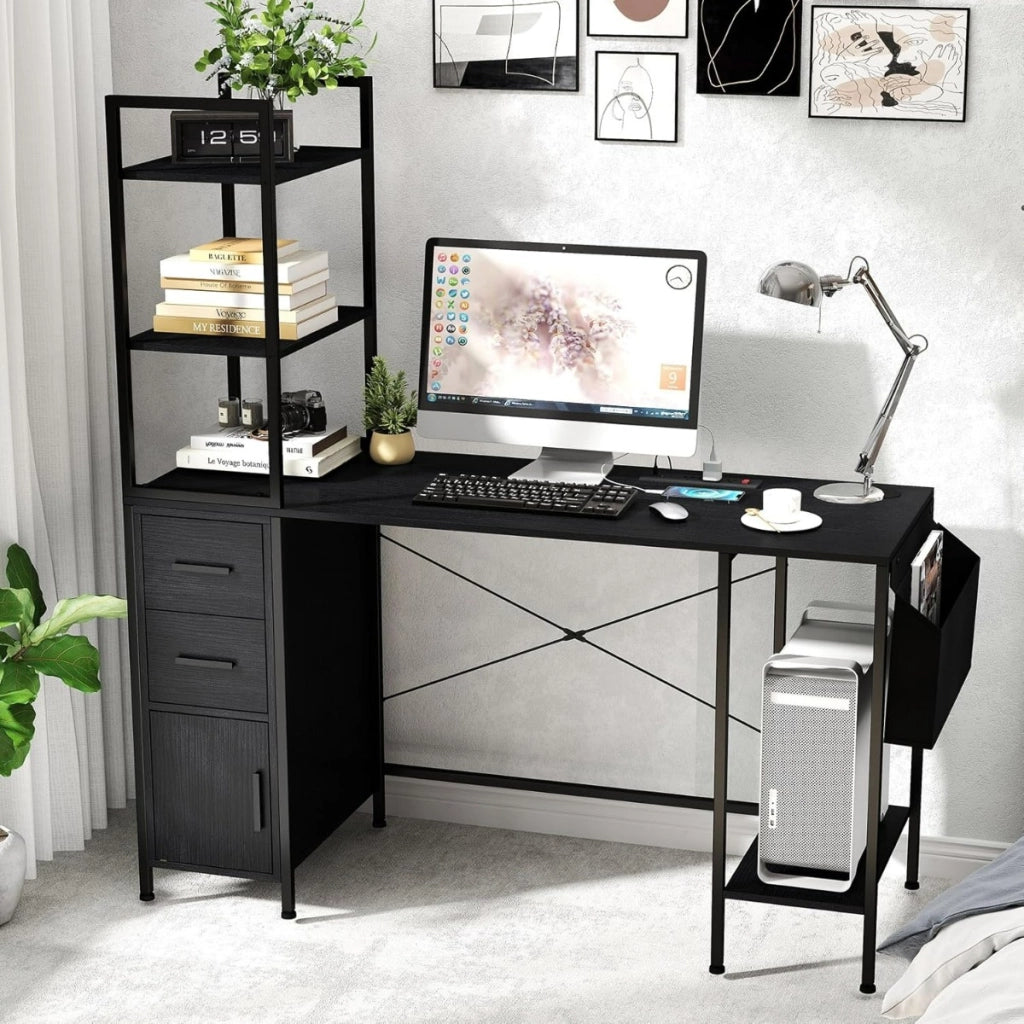 Scrivania da ufficio con luci LED e prese di corrente-Scrivania per computer con ripiani aperti scrivania gaming per casa Nero