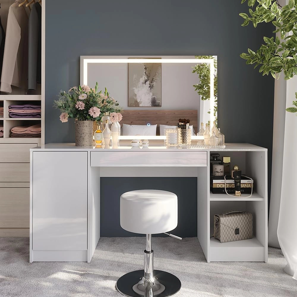 Tavolo da toeletta Sherry, Bianco/bianco lucido, 158.2 cm con specchio LED e sgabello