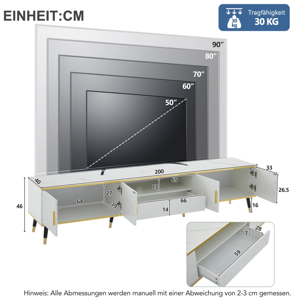 Mobile porta TV con 2 ante e 1 cassetto ripiani regolabili e passacavi per soggiorno in truciolare bianco 200 × 40 × 46 cm