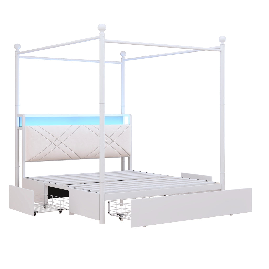 Letto Matrimoniale Contenitore con Baldacchino ¨C MINIMAL ¨C Bianco, LED, 140x190, 3 Cassetti