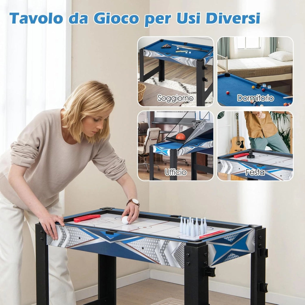 6 in 1 Tavolo da Gioco, Set Multi-Gioco con Basket Biliardo Ping Pong Hockey Shuffleboard Bowling, Tavolo da Gioco Salvaspazio per Feste Sala Giochi Soggiorno
