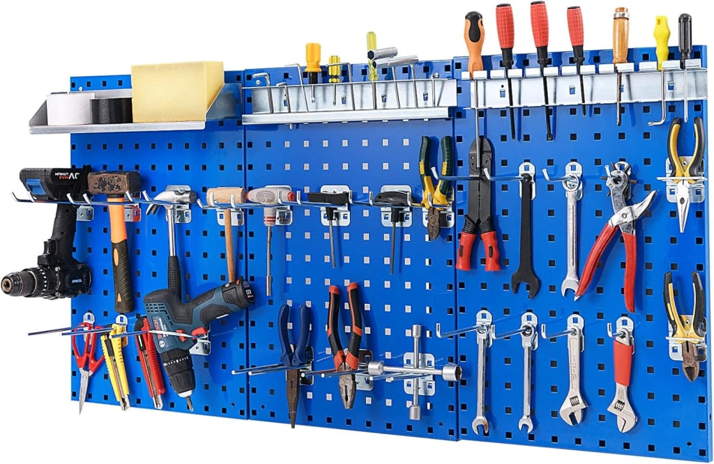 Kit 3 Pannelli Porta Attrezzi da Parete 60 x 40 cm, Pannello Forato Portaoggetti con 24 Ganci e Supporti, Pannello Portautensili per Officina e Garage (Blu)