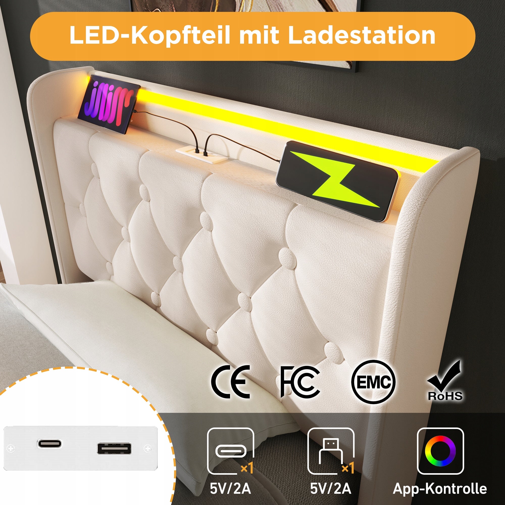 Letto imbottito 90x200 - Xylo - Bianco, idraulico, LED, USB-C