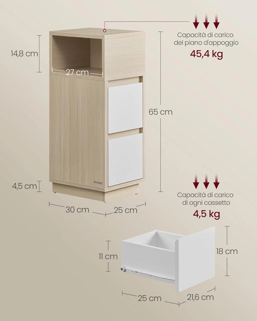 VASAGLE Kailyn Collection - Comodino stretto, set di 2, tavolino, 2 cassetti e vano aperto, montaggio a sinistra o a destra, camera da letto, soggiorno, beige naturale e bianco nuvola LET856N01