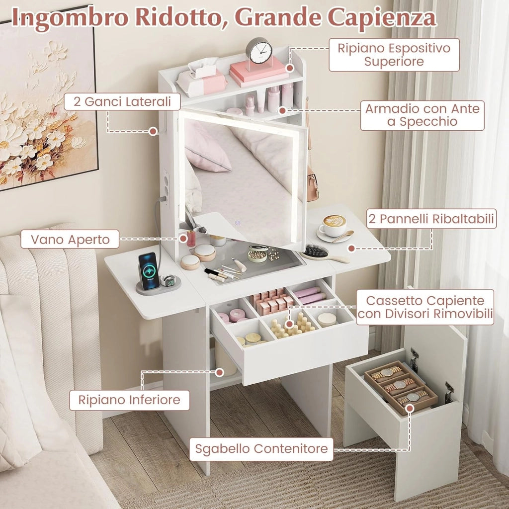 Toeletta Trucco con Luci LED, Tavolo da Trucco con Specchio e Stazione di Ricarica, Postazione Trucco con Cassetto, 2 Piani d'Appoggio a Ribalta, Bianco (Modello 3)