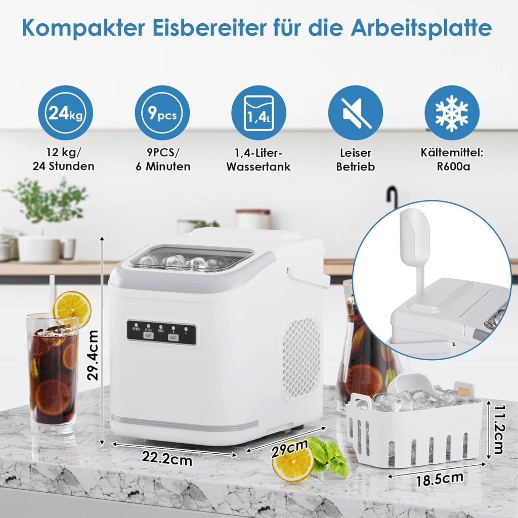 Macchina Ghiaccio, 12 kg/24h, 9 Cubetti di Ghiaccio in 6 Minuti, 2 Dimensioni di Ghiaccio, Silenzioso, Macchina del Ghiaccio Casa Autopulente con Maniglia/Cestello/Paletta, per Cucina/Ufficio/Bar