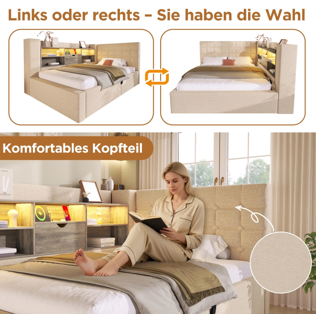 Letto imbottito 140x190 cm con LED, USB e vano contenitore