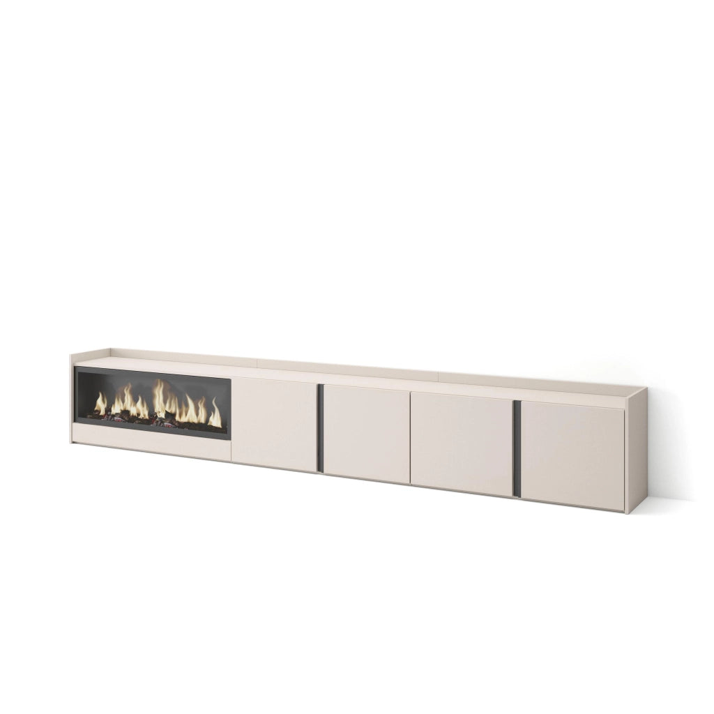Mobile TV Soggiorno, 315x50x35 cm, Per TV fino a 80", Camino elettrico XXL, Beige
