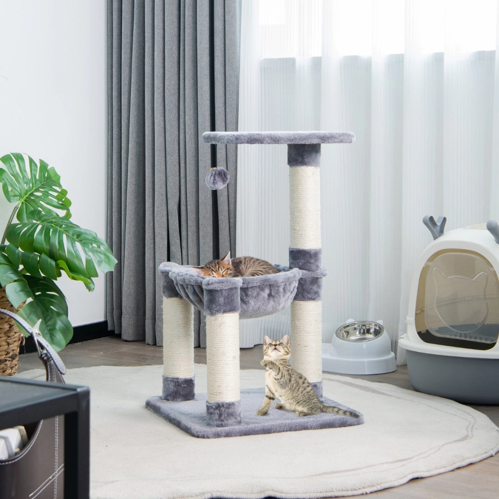 Albero per gatti multilivello con amaca tiragraffi rivestiti ampia piattaforma, Torre di arrampicata Grigio-Alberi Tiragraffi