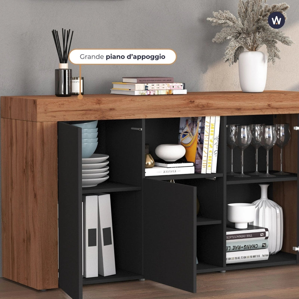 WHOUS Credenza Chronos 3 ante e 1 vano antracite opaco e rovere 155x40x85 cm