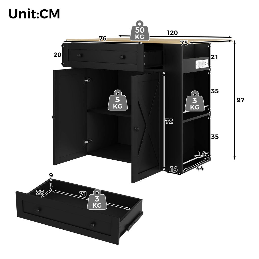 Isola da cucina con piano ribaltabile; presa 2 AC e 2 USB; MDF; 120 x 75 x 97 cm; nera