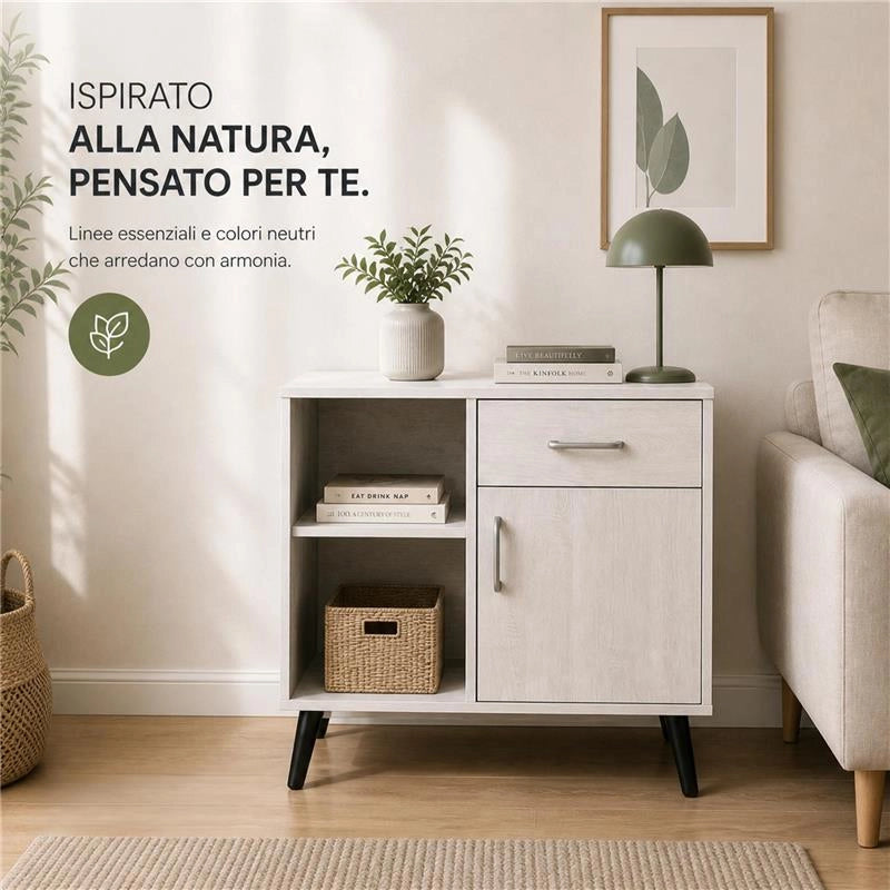 MOBILE MODERNO IN LEGNO CON 2 RIPIANI, 1 ANTA E CASSETTO COLORE BIANCO DIMENSIONI 94X38X74 CM