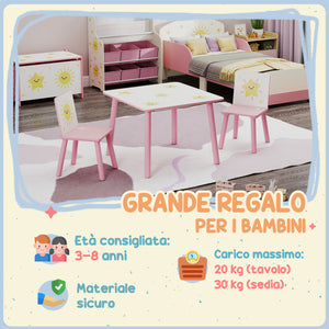 Set Tavolino e 2 Sedie per Bambini 3-8 Anni in MDF Fantasia con Animali Rosa