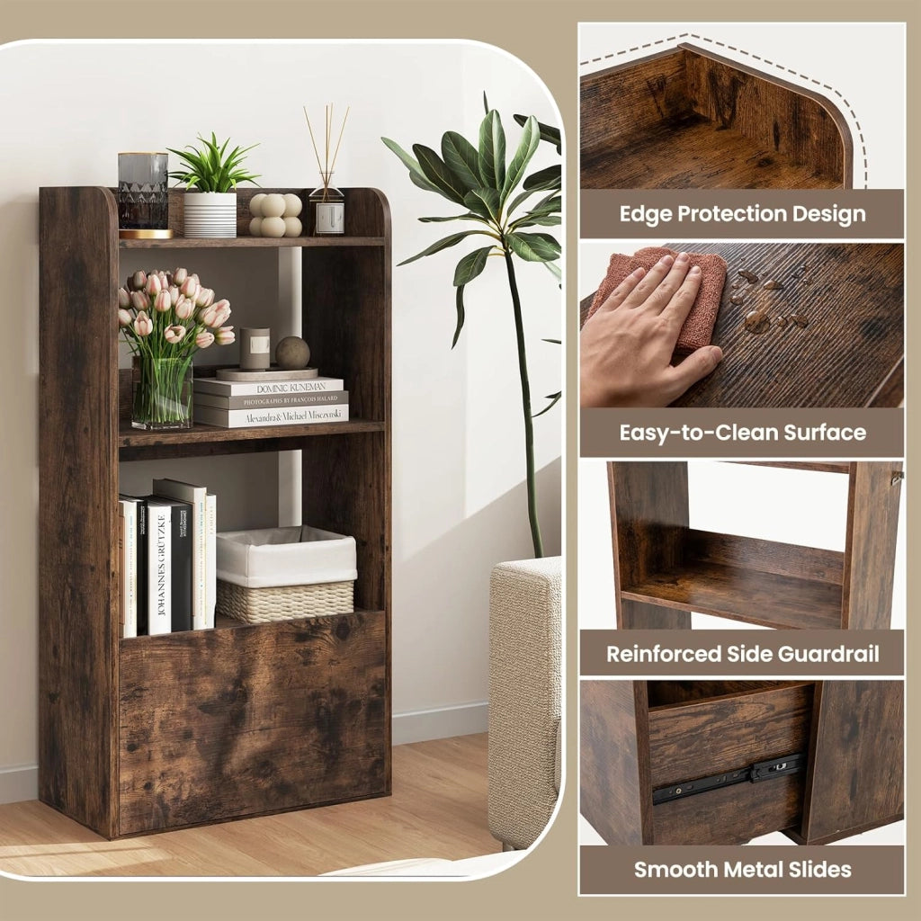 Libreria di libri con 3 ripiani aperti e 1 cassetto, libreria in legno con kit antiribaltamento, 55 x 29 x 105 cm, scaffale di stoccaggio per soggiorno, ufficio, camera da letto (marrone