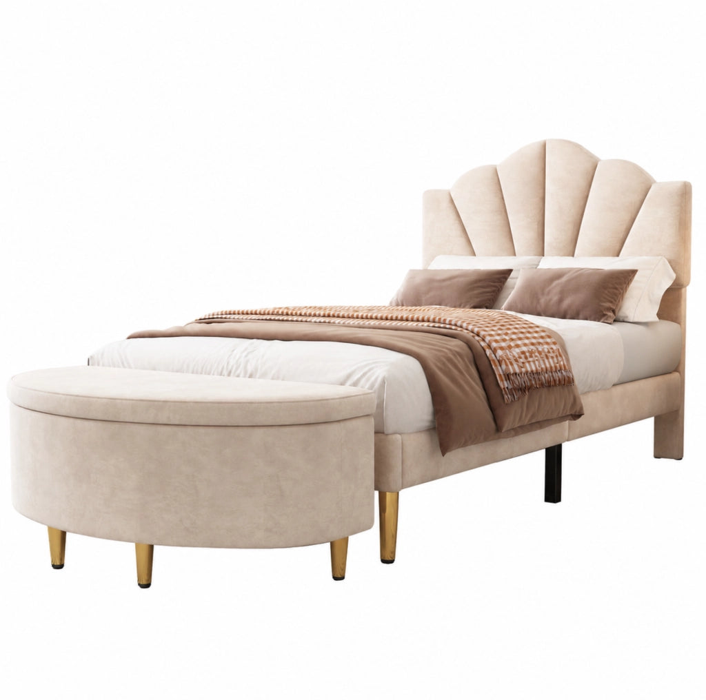 Letto imbottito 90x200 cm con testiera regolabile e rete a doghe in velluto beige