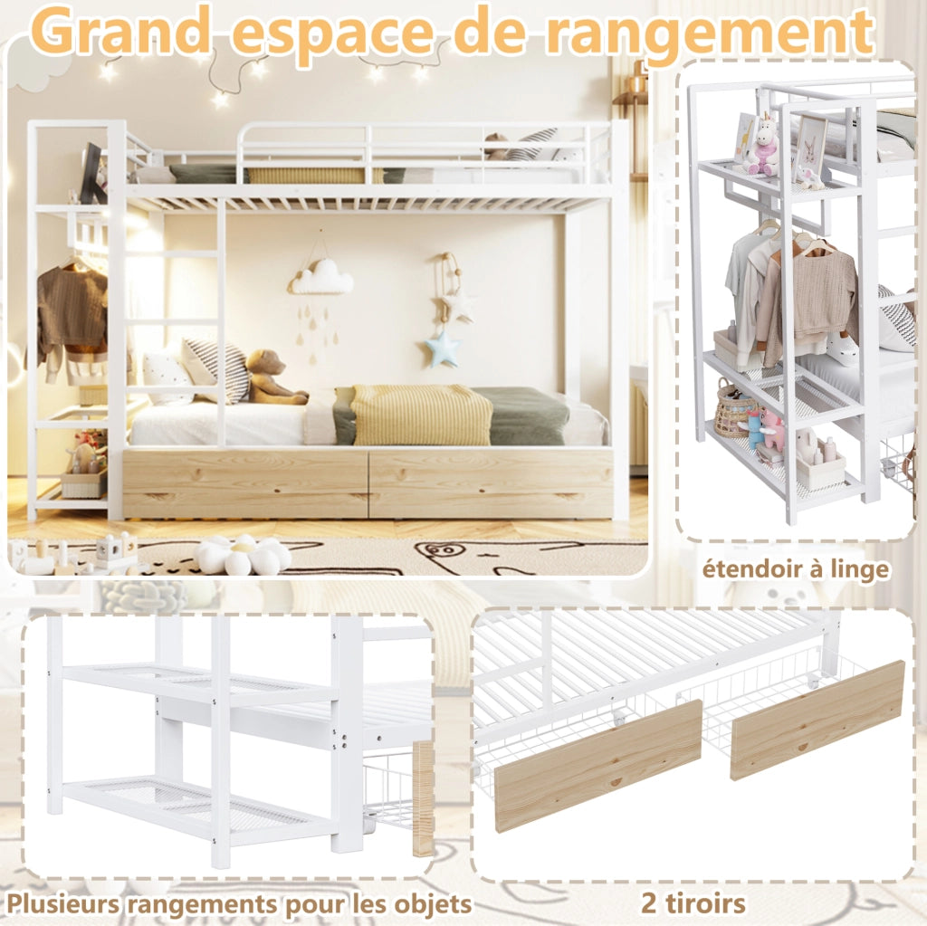 Letto a castello 90x200 cm con LED, cassetti e ripiani bianco