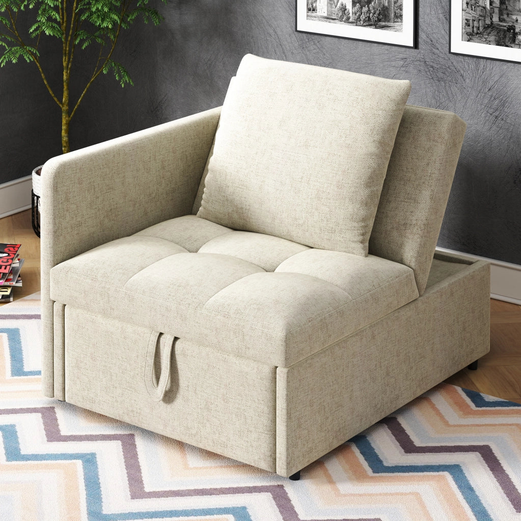 Divano letto trasformabile 3 in 1 con schienale reclinabile in tessuto di lino beige