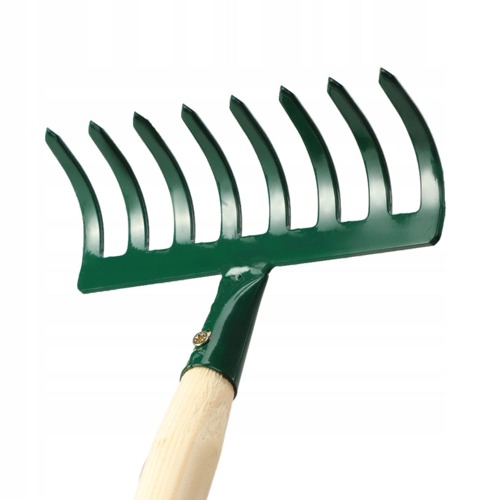 KADAX Piccolo rastrello per foglie ed erba da giardino, 66 cm, 8 denti, manico in legno