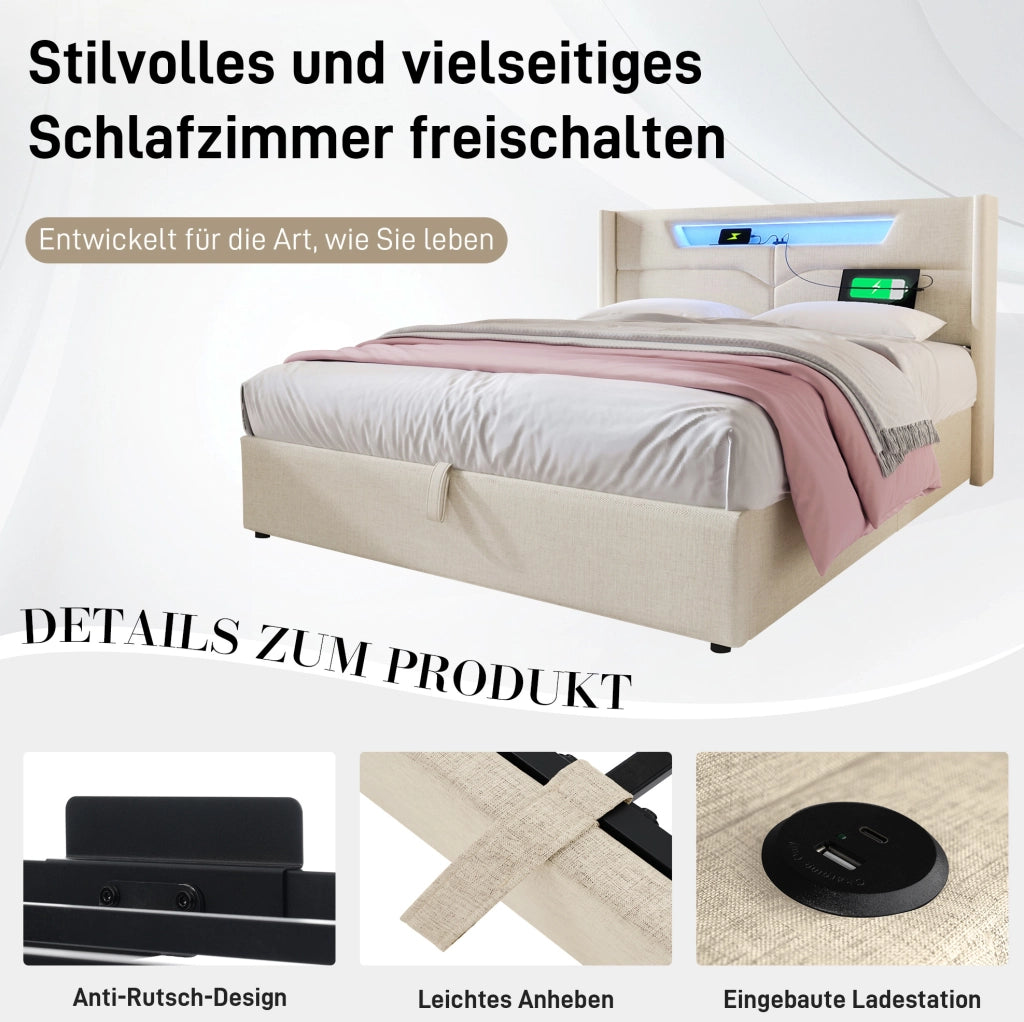 Letto imbottito 140x200 cm beige con LED, USB-C e contenitore