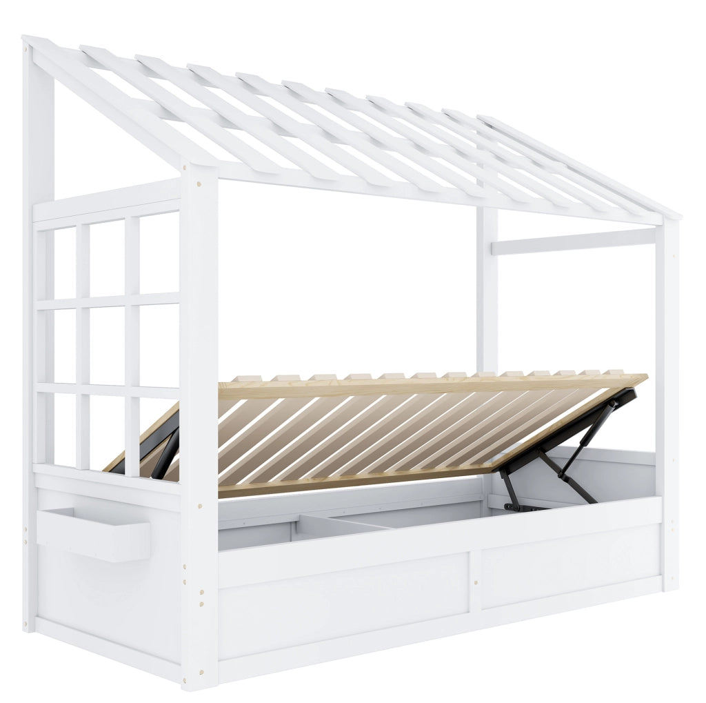 Letto per bambini 90x200 cm con contenitore idraulico e vani laterali; bianco