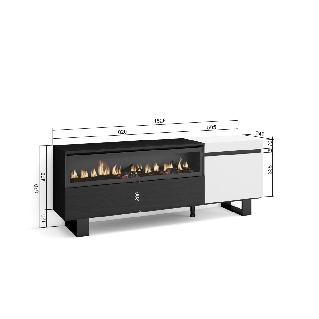 Mobile TV Soggiorno, 150x35x57cm, Per TV fino a 65", Camino elettrico, Design industriale, Bianco e nero RF2455