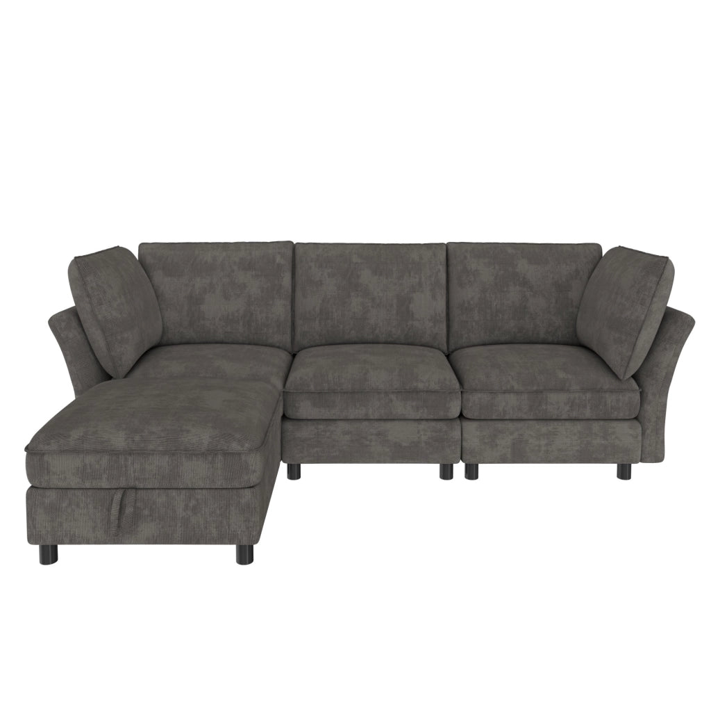 Divano modulare angolare a L con pouf contenitore; 225x137x84 cm; in chenille grigio