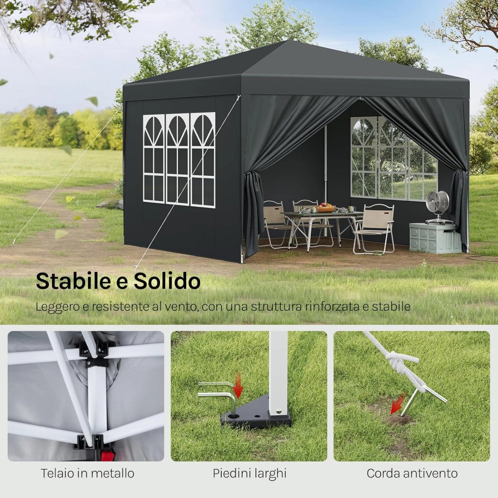 Gazebo da Giardino Richiudibile 3x3m Gazebo da Esterno Ferro Regolabile in Altezza Tendone Pieghevole con Telo Idrorepellente, Protezione Solare, Facile Montare Antracite