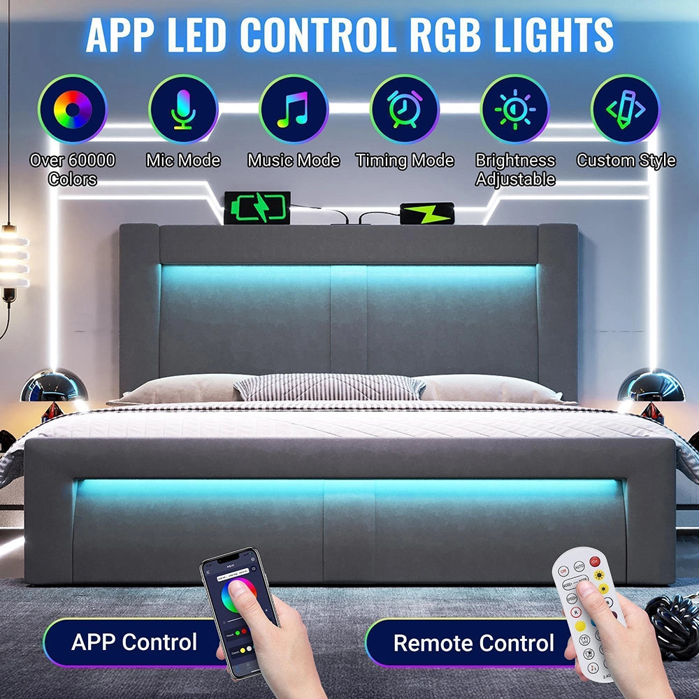 Letto matrimoniale-Xylo-160x200cm idraulico LED USB-C velluto grigio con materasso