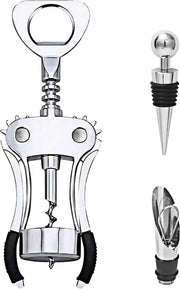 Flessenaprire con viti a spirale e pinne - Flessenaprire con stopper e sifon per vino - Flessenaprire per bottiglie e capsule per bar in famiglia - Flessenaprire a spirale per vino in argento