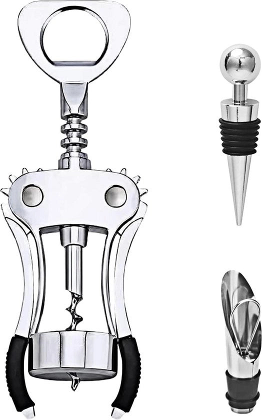 Flessenaprire con viti a spirale e pinne - Flessenaprire con stopper e sifon per vino - Flessenaprire per bottiglie e capsule per bar in famiglia - Flessenaprire a spirale per vino in argento