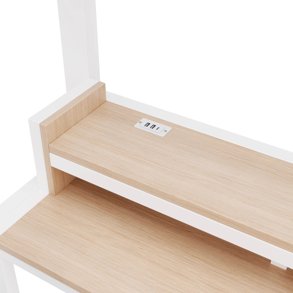 Letto a soppalco matrimoniale 140×200 cm con ripiani; USB; Type-C e LED; senza materasso; metallo e MDF; bianco