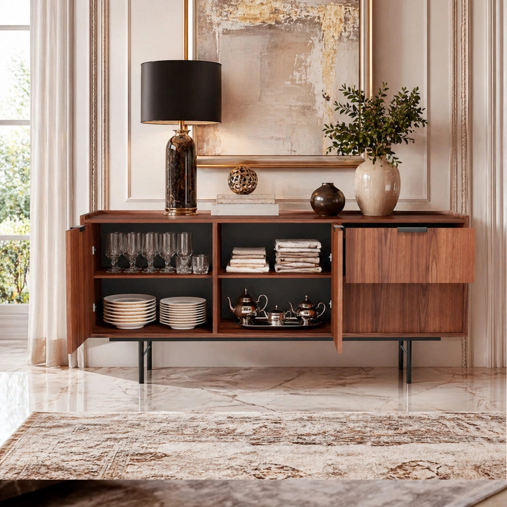 Madia Credenza Moderna Con 2 Ante 2 Cassetti Ampio Spazio Contenitivo Ripiani Interni Struttura In Melaminico Gambe In Metallo Per Soggiorno Sala Da Pranzo Ingresso 150 X 40 X 68 Cm Noce