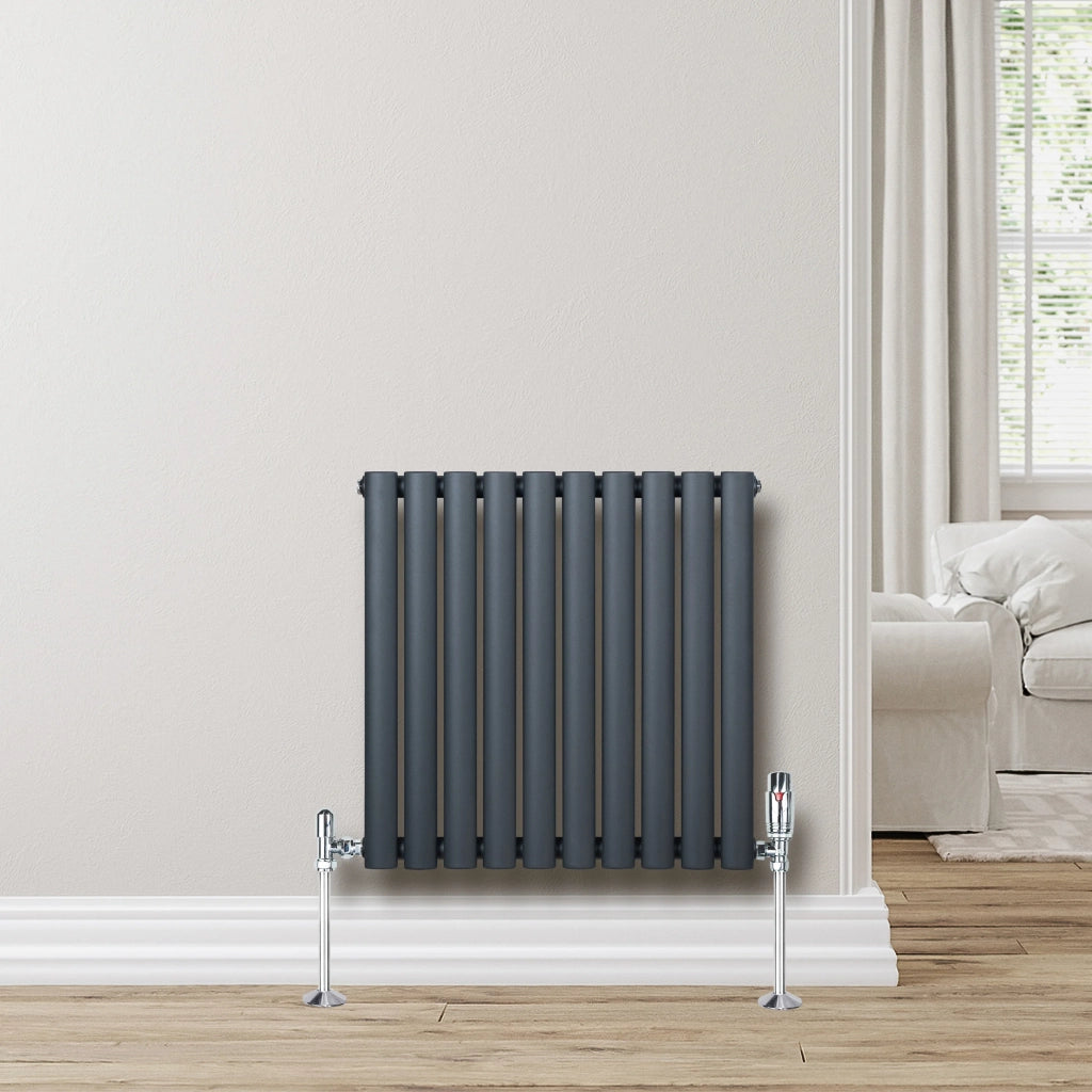 Radiatore Orizzontale Ovale 600x600mm Grigio Antracite con Valvole TRV