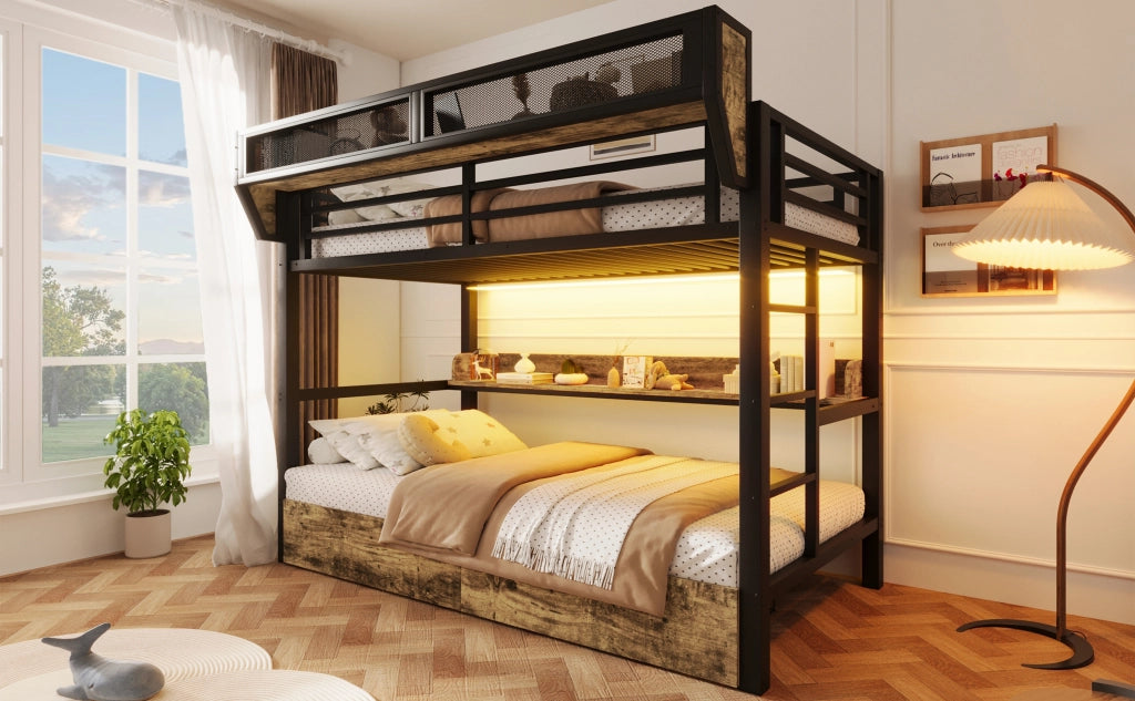 Letto a castello 90 × 200 cm con LED, 2 cassetti, ripiano et cestino, senza materasso, in metallo e MDF, nero