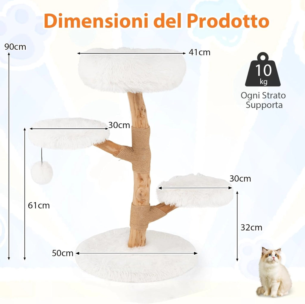 Albero per Gatti 90 cm, Torre per Gatti in Legno con Piattaforma in Tessuto in Pile Lungo, Tiragraffi in Juta e Pallina Pendente, Cuccia per Animali Domestici (Bianco)