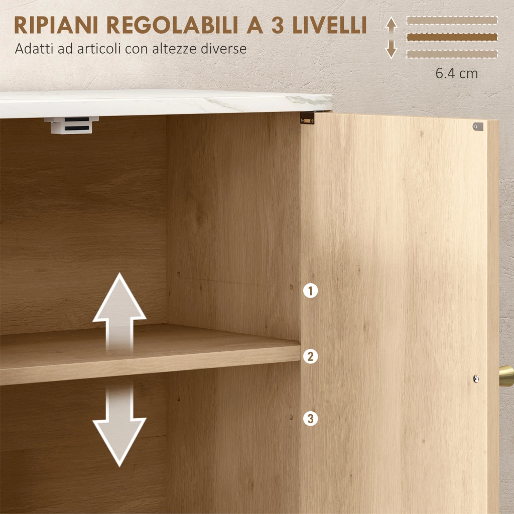 Armadietto Bagno a Parete 60x18x70 cm con Ripiano a Giorno Ante Decorate e Piano Effetto Marmo in MDF Rovere