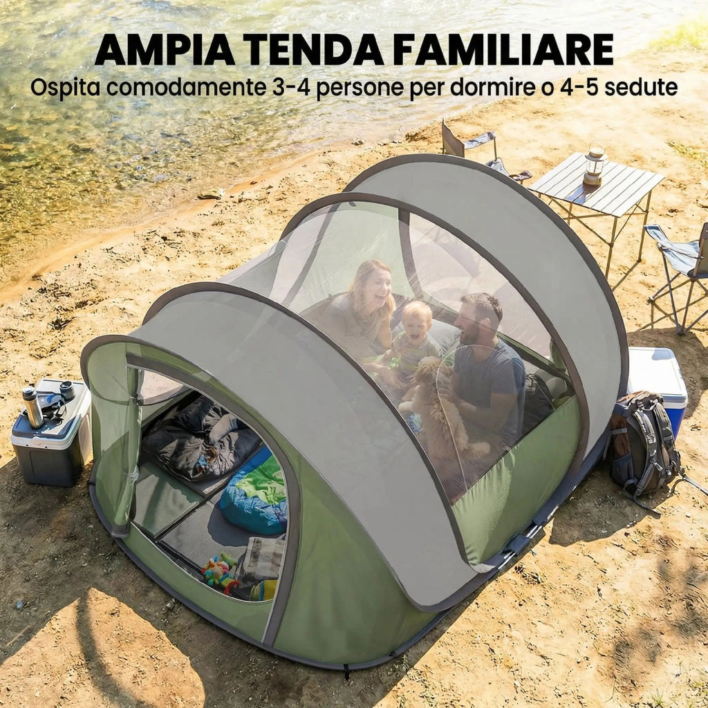 Tenda da Campeggio Pop-Up per 2-3 Persone 265x220x115 cm 2 Porte 2 Finestre Impermeabile in Poliestere Verde