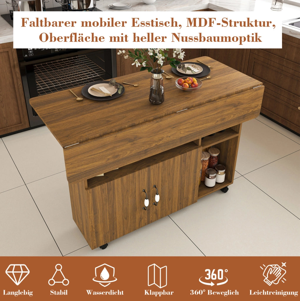 Tavolo pieghevole multifunzione 110x70 cm in MDF effetto noce; con ruote e vani contenitori