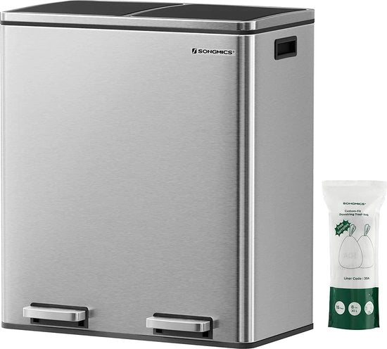 Contenitore per Rifiuti - Sistema di Separazione Rifiuti - 2 Cassetti - 2 x 30 L - Cromo