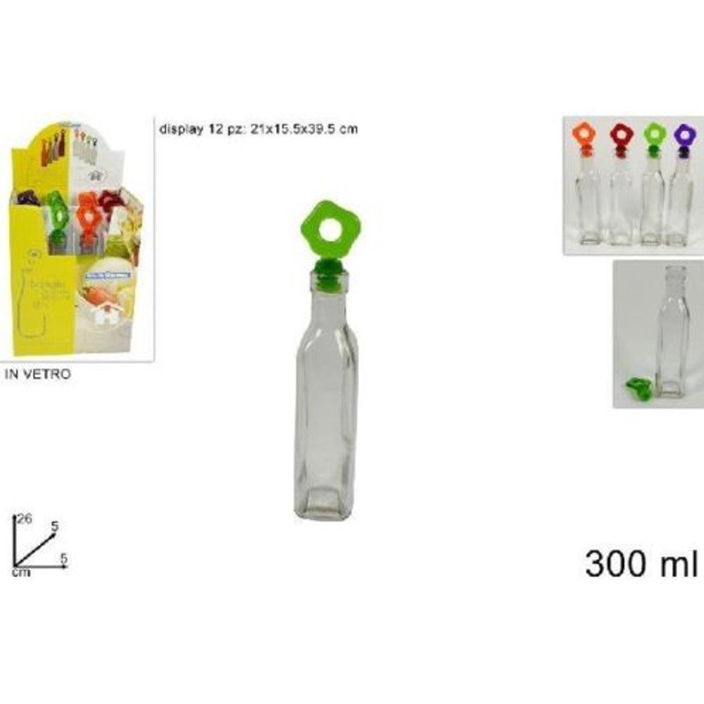 Trade Shop - Set 12 Pezzi Bottiglie Bottigline Vetro Olio Aceto Con Tappo Colorato 300ml Idea -