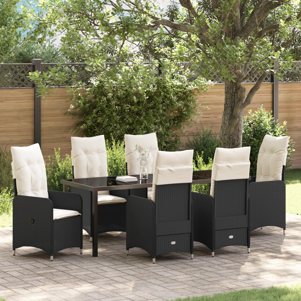 Set da Pranzo da Giardino 7 Pezzi con Cuscini in Polyrattan Nero